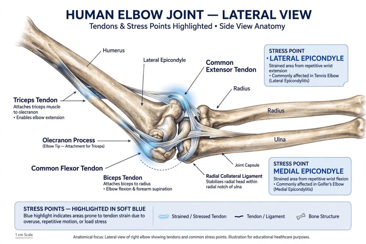 Anatomical illustration of elbow joint tendon strain