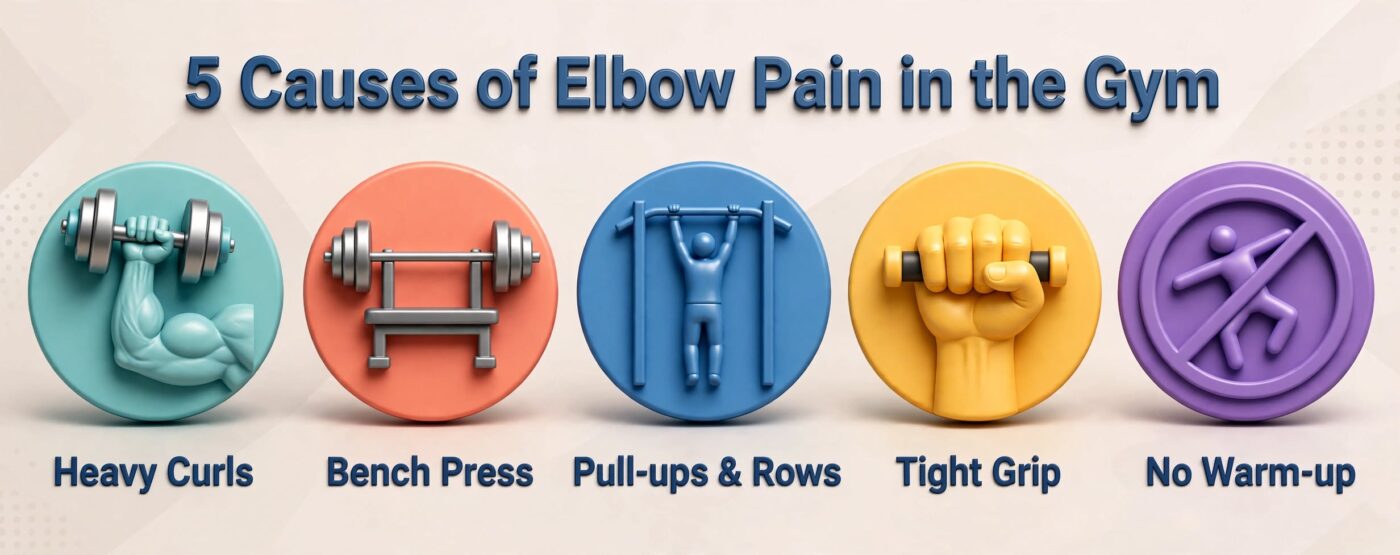 Infographic showing common causes of gym-related elbow pain