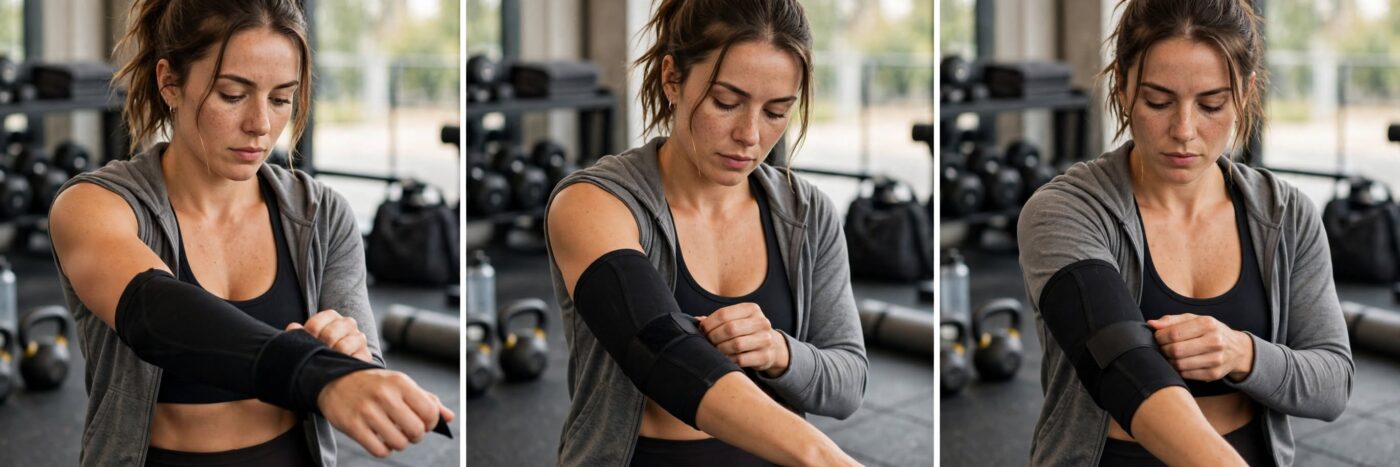 Person adjusting elbow support correctly in gym