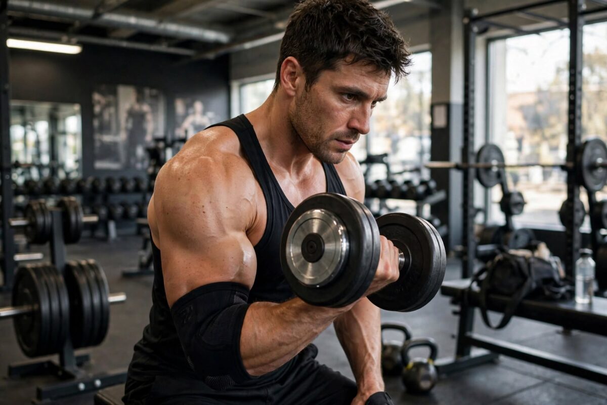 Person wearing elbow support sleeve during gym workout
