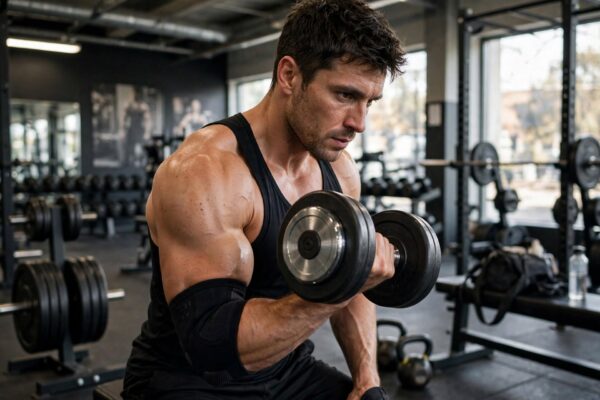 Person wearing elbow support sleeve during gym workout