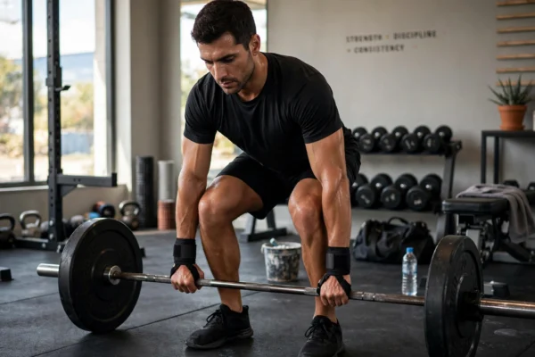 Gym-goer wearing wrist support wrap with thumb loop during bench press workout
