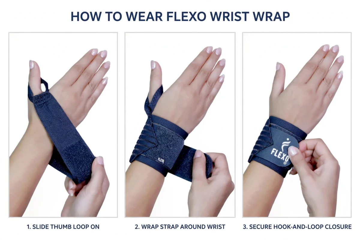 Step by step guide showing how to wear a wrist wrap with thumb loop correctly