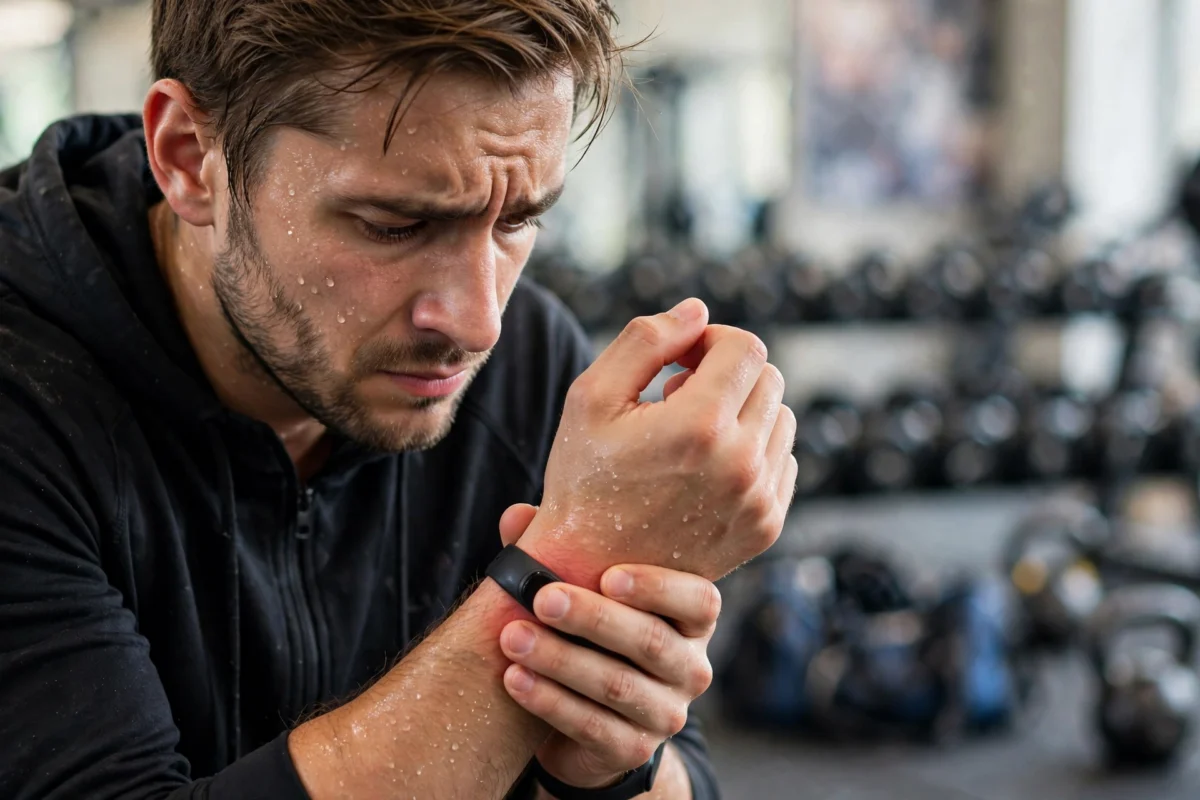 Person holding wrist in pain after weightlifting session showing common gym wrist injury