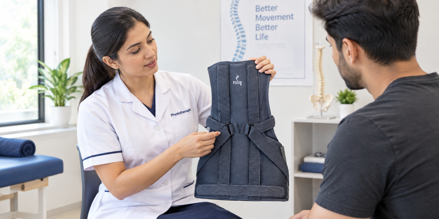Physiotherapist explaining lumbar support belt benefits to a patient