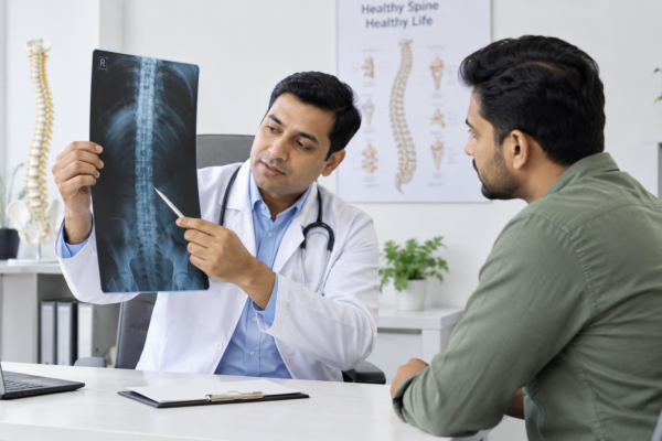 Doctor reviewing spine X-ray with a patient experiencing persistent lower back pain