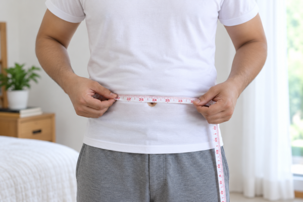 Person measuring their waist with a tape measure to find the correct back belt size