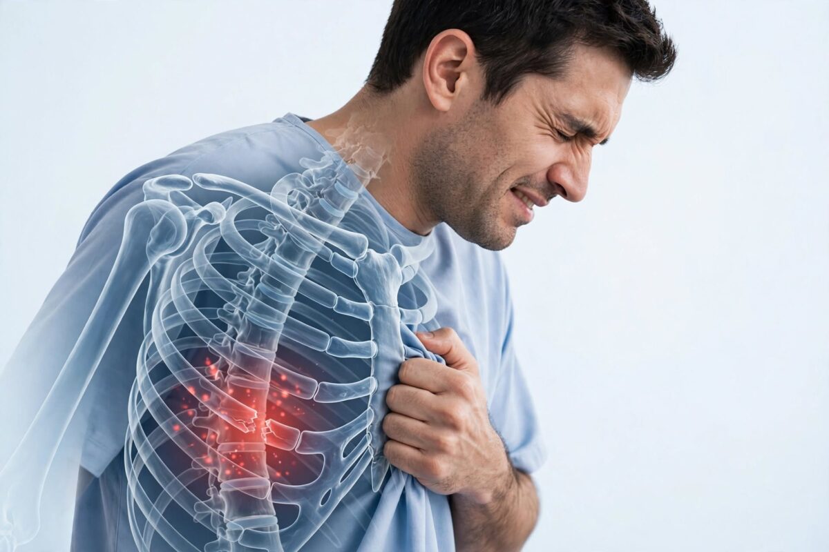 Person experiencing chest pain due to a fractured rib