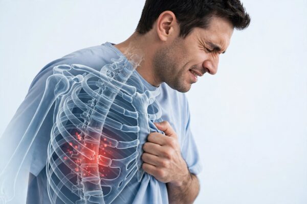 Person experiencing chest pain due to a fractured rib