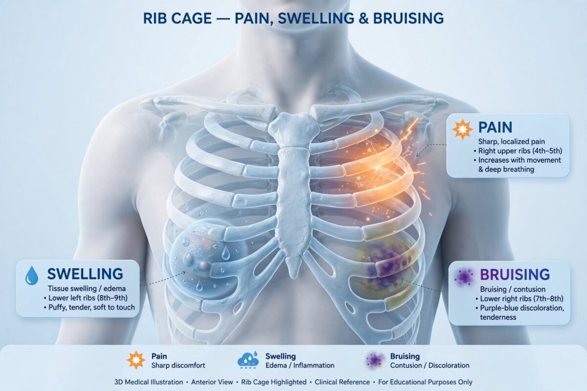 Diagram showing symptoms of a fractured rib